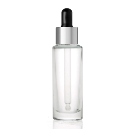 1 Oz Cylinder Glass Bottle With Silver Black Serum Dropper